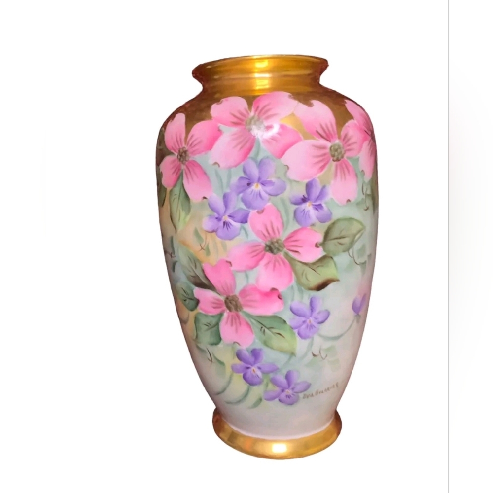 Vintage Bavaria 1900 Hand Painted Dogwood Flowers Vase With Gold Detail Signed